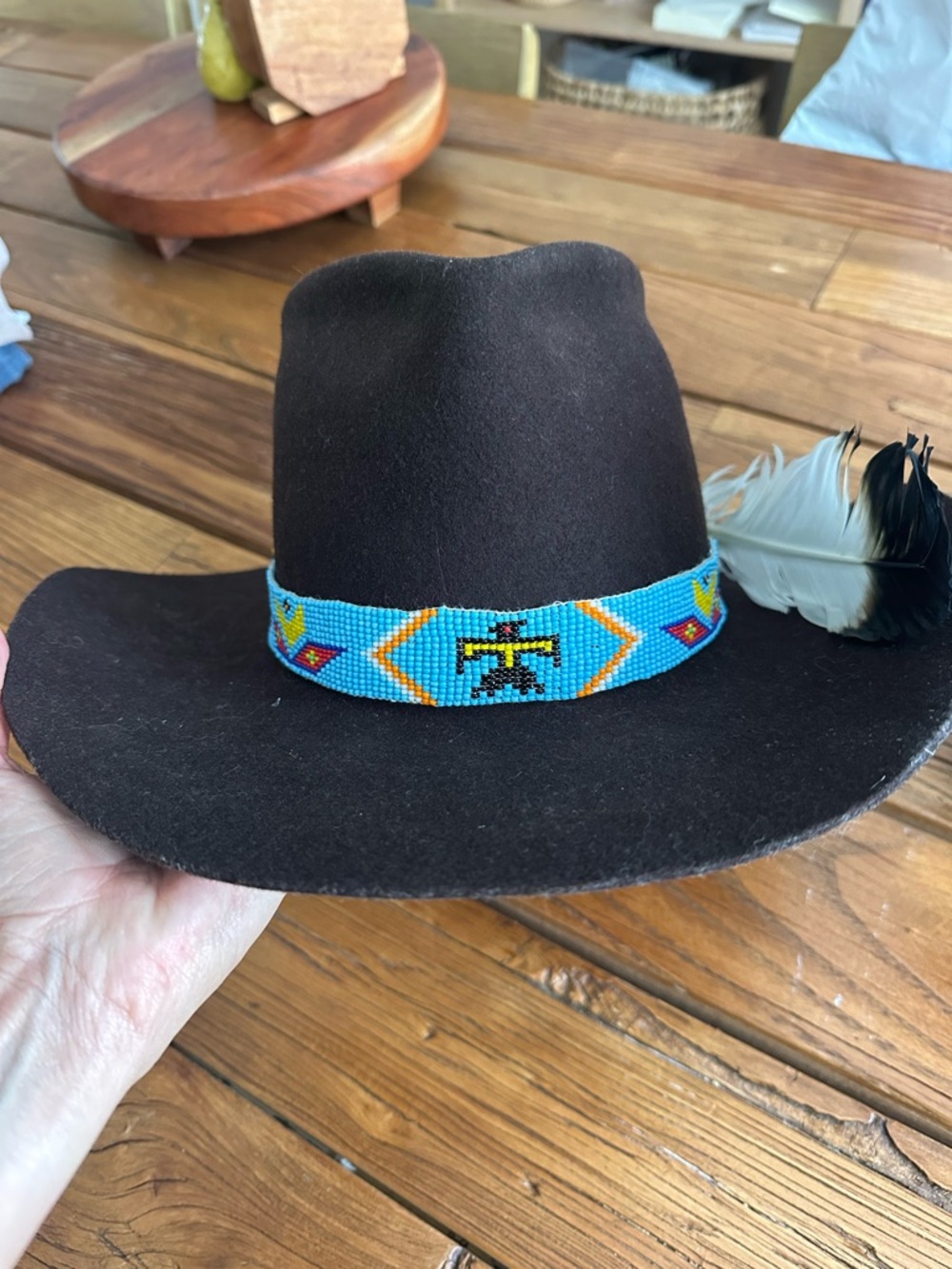 Vintage Brown Felt Western Hat with Beaded Turquoise Band and Feather